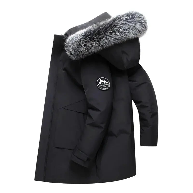 Men's black fur-trimmed hooded down jacket by Simples Market with logo patch and multi-pocket design