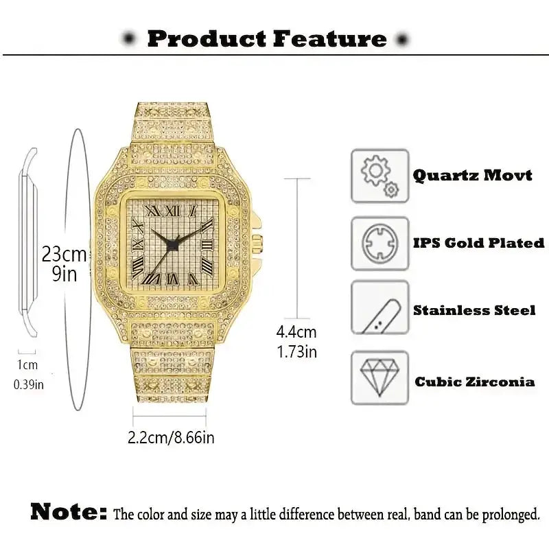 Classic Luxury Mens Steel Strap Square Rhinestone Quartz Watch for Elegant Business Timekeeping