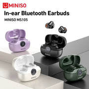 MINISO MS105 in-ear Bluetooth earbuds with charging case in black, white, purple, and green (set of 4)