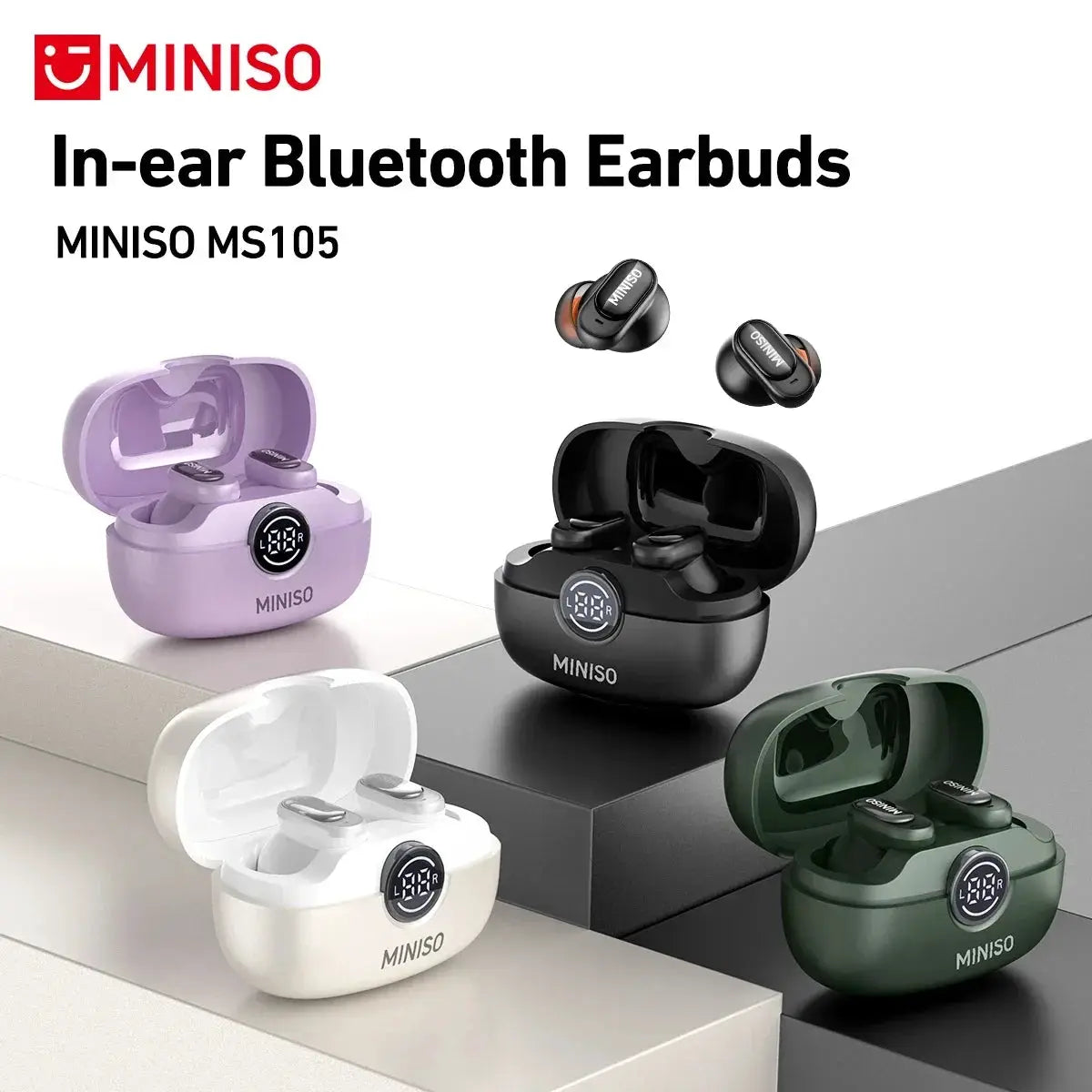 MINISO MS105 in-ear Bluetooth earbuds with charging case in black, white, purple, and green (set of 4)