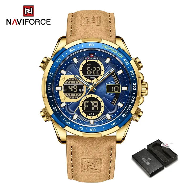Naviforce men's leather watch with gold-tone case, blue dial, chronograph and tachymeter bezel.