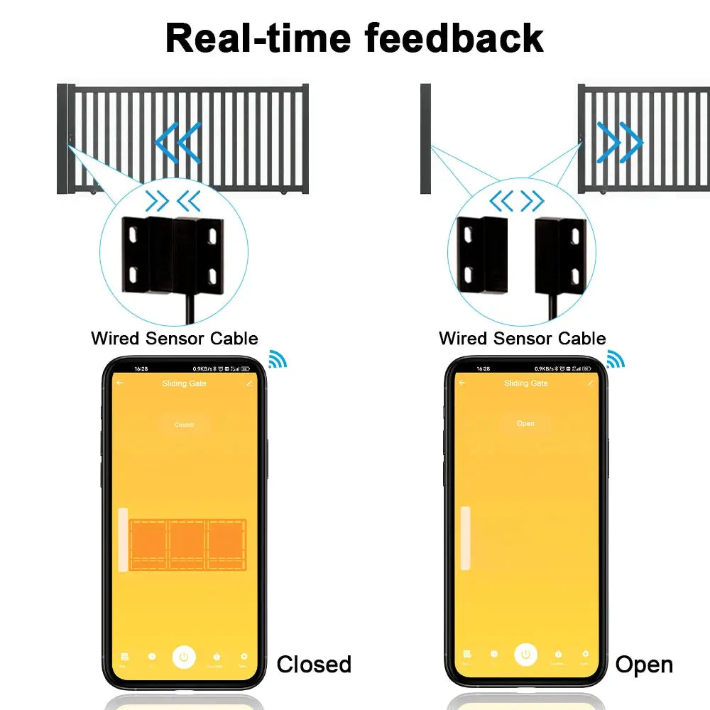 LoraTap Tuya smart articulated arm motor opener controller with wired sensor cables, real-time gate status via app