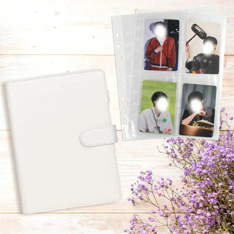 A5 white PU leather photocard binder with strap and four-grid photo pages for idol cards.