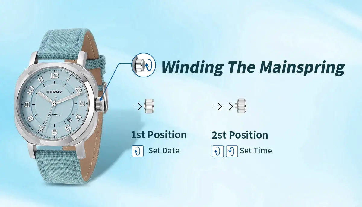 BERNY women's self-winding mechanical watch with light-blue dial, sapphire crystal, silver case, blue fabric strap