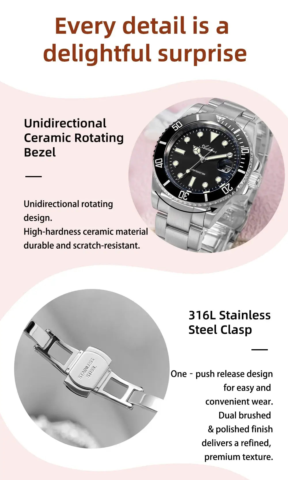 Addies New women's quartz watch with black dial, unidirectional ceramic bezel, stainless steel bracelet