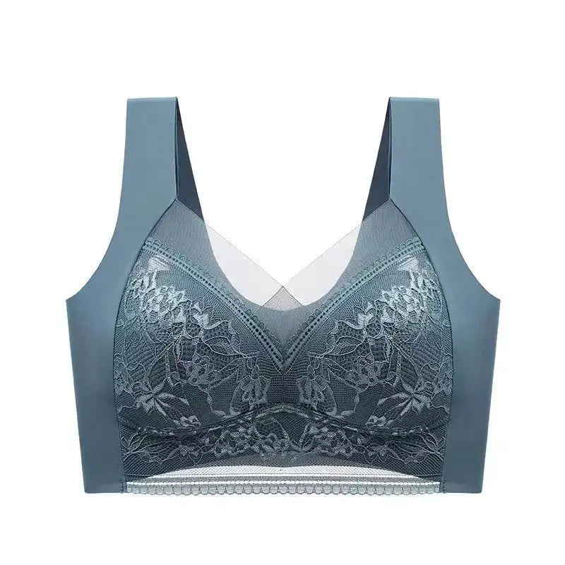 Womens lace push-up bra by Simples Market in blue ice-silk with floral lace cups and deep V neckline