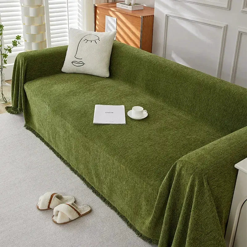 Couch cover in green chenille with fringe, Simples Market heavyweight herringbone texture for sofa decor