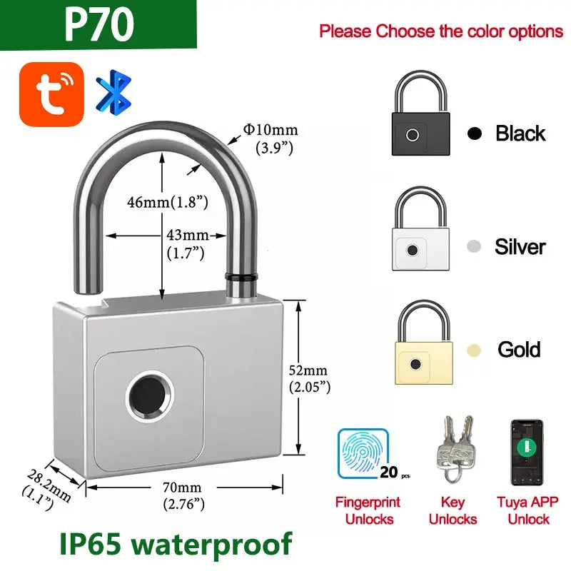 RAYKUBE Tuya smart padlock with fingerprint unlock and USB charging; IP65 waterproof, available in Black, Silver, Gold.