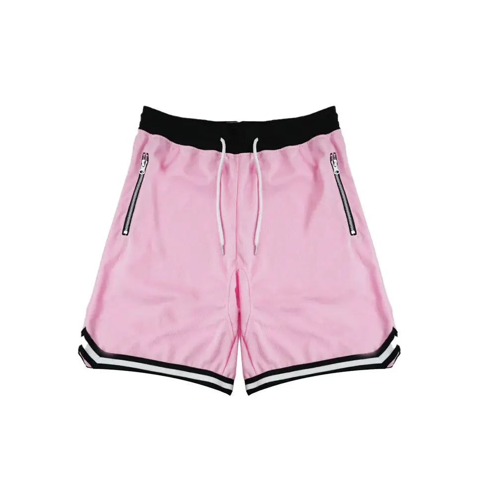 Simples Market men's pink mesh quick-dry basketball shorts with black waistband, zip pockets, and striped hem.