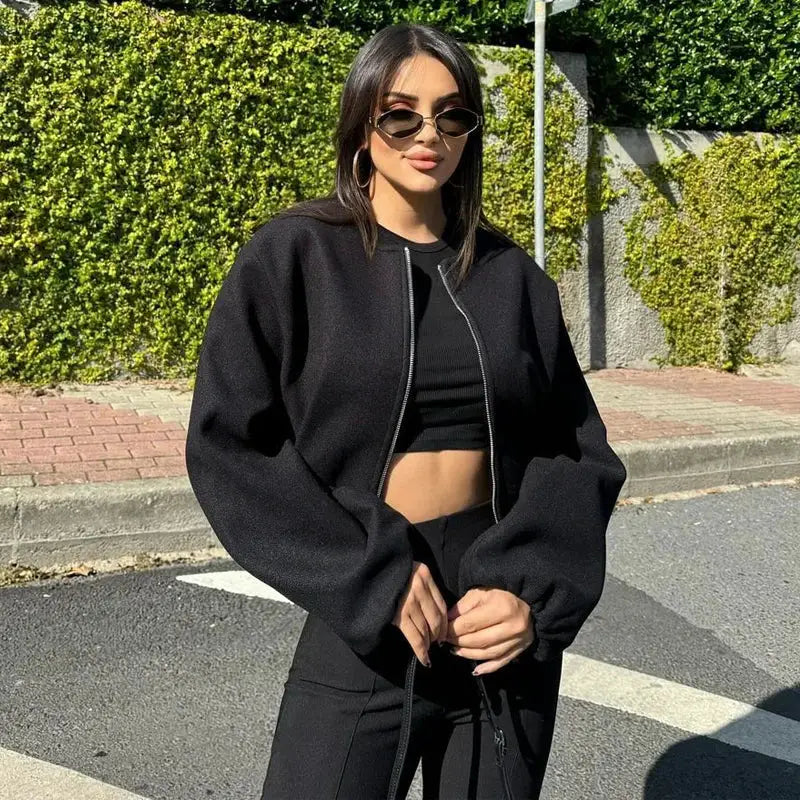 Womens Black Cropped Bomber Jacket With Zipper Varsity Style For Autumn And Winter Warmth Polyester
