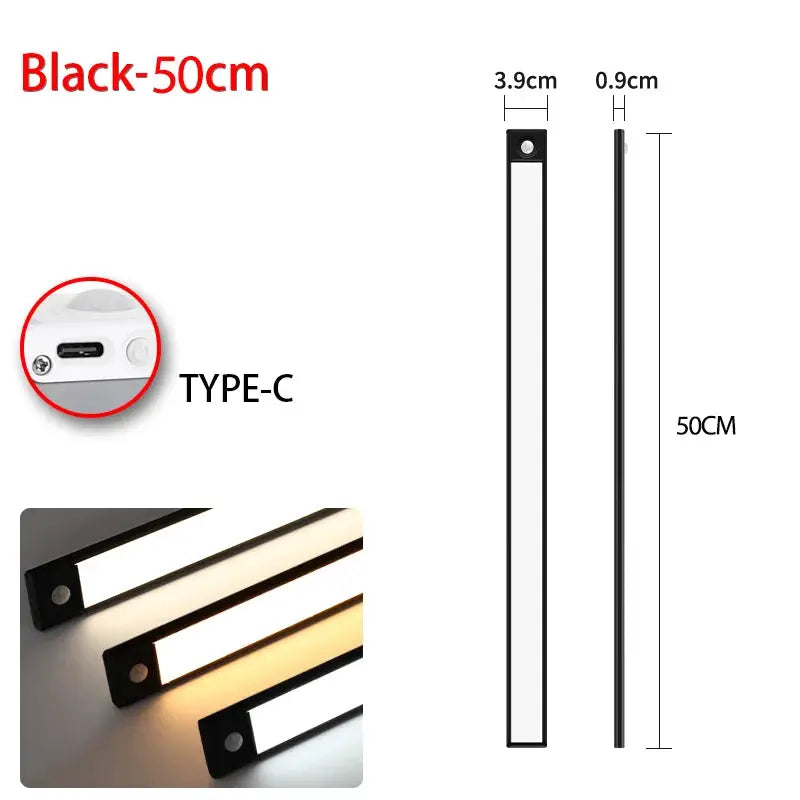 Simples Market 50cm black LED under-cabinet light with USB Type-C, motion sensor, shown in three color temperatures.