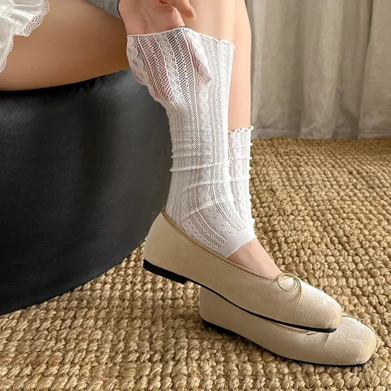 Lightweight Ballet Stamped Foot Pile Up Leg Covers With Twisted Mesh And Ruffle Detail For Summer