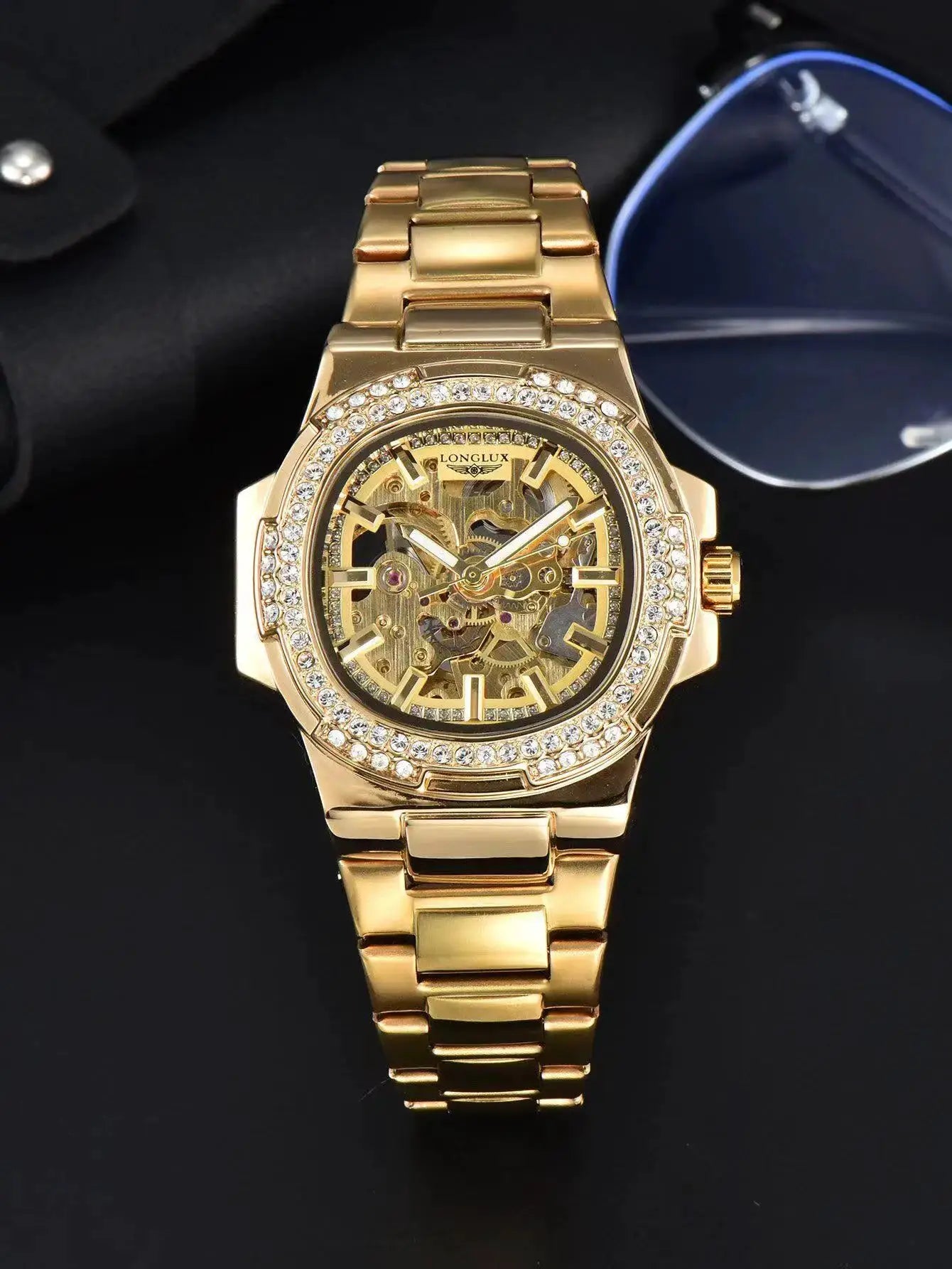 LONGLUX gold skeleton automatic wristwatch with diamond-encrusted bezel and metal bracelet