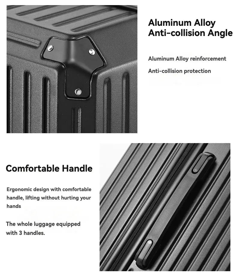 Carry-on luggage in black with aluminum alloy anti-collision corner and ergonomic handle.