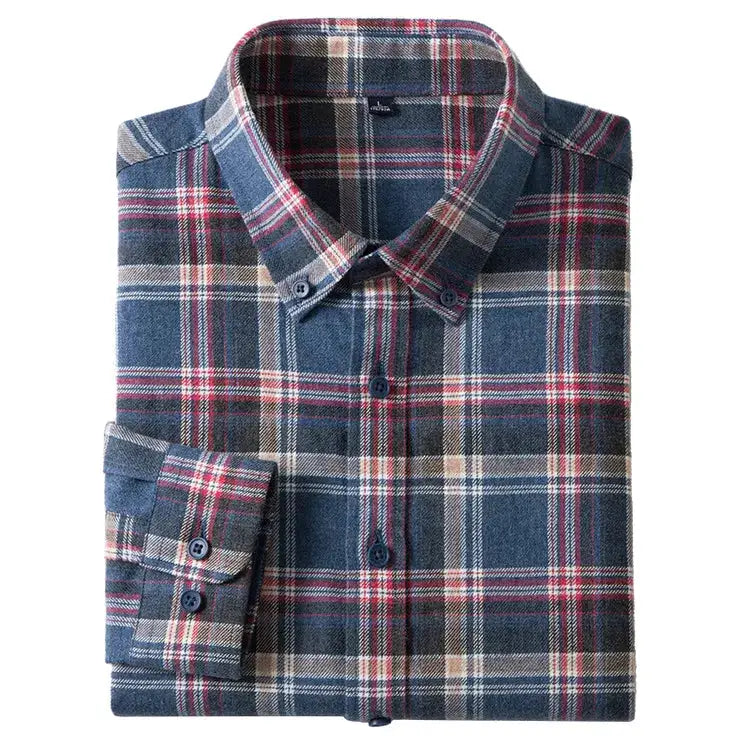 Simples Market men's blue plaid flannel shirt, 100% cotton, folded