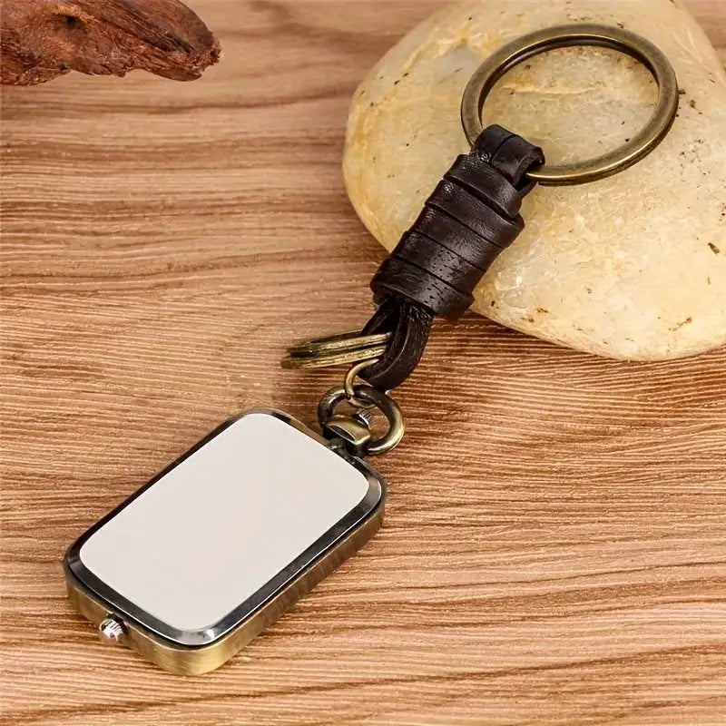 Bronze square pocket watch keychain with black leather wrap and brass ring, Simples Market