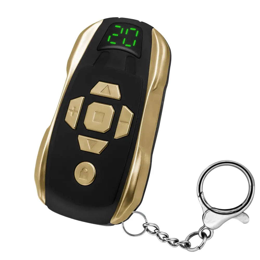 Simples Market 20-channel rechargeable key duplicator remote, black with gold sides, green LED display, key ring.