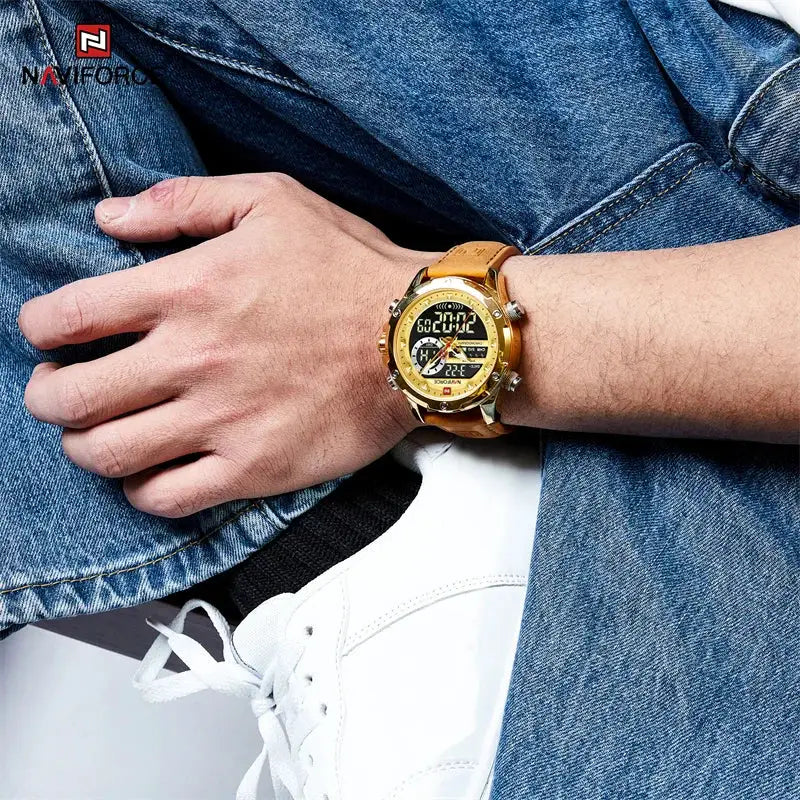 NAVIFORCE luxury men's wristwatch with tan leather strap and gold-tone case; chronograph, digital-analog display