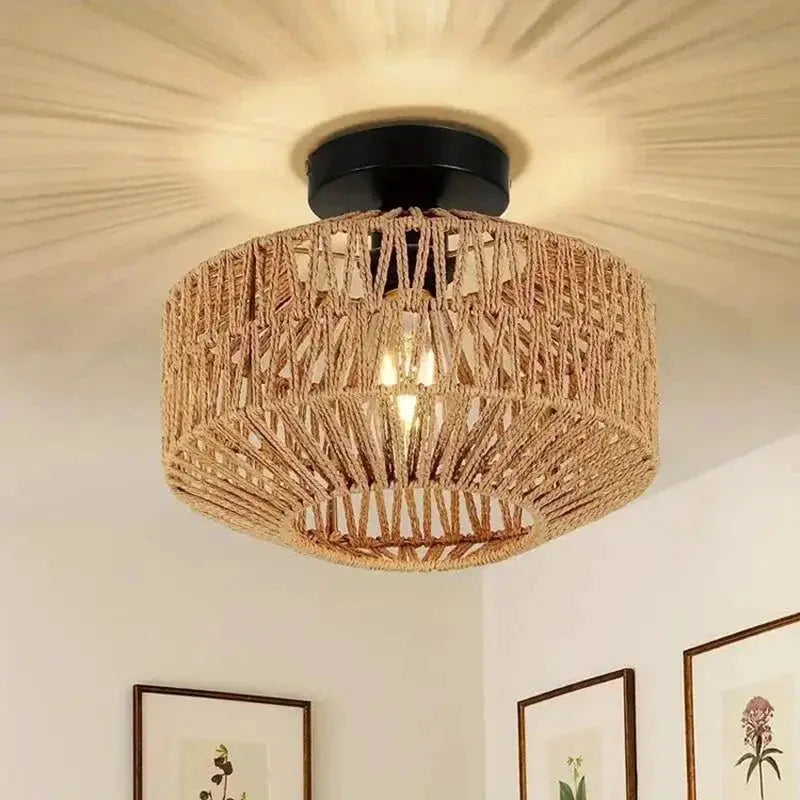 Natural bamboo rattan ceiling chandelier, handmade by Simples Market with woven drum shade.