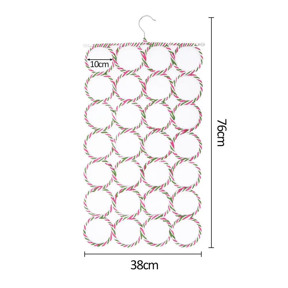 Simples Market 28-hole scarf holder with pink-green braided rope loops for wardrobe organizer