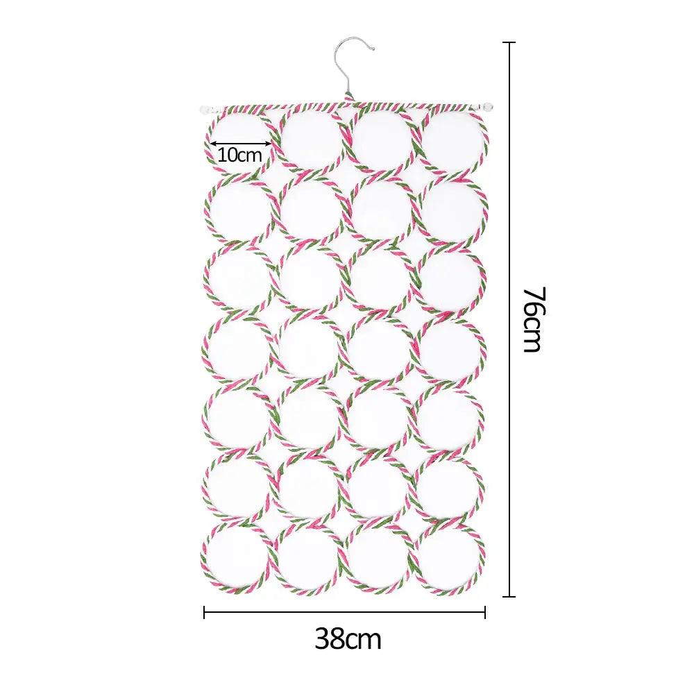 28-hole scarf holder rack with pink-green rattan-weave loops and hanging hook