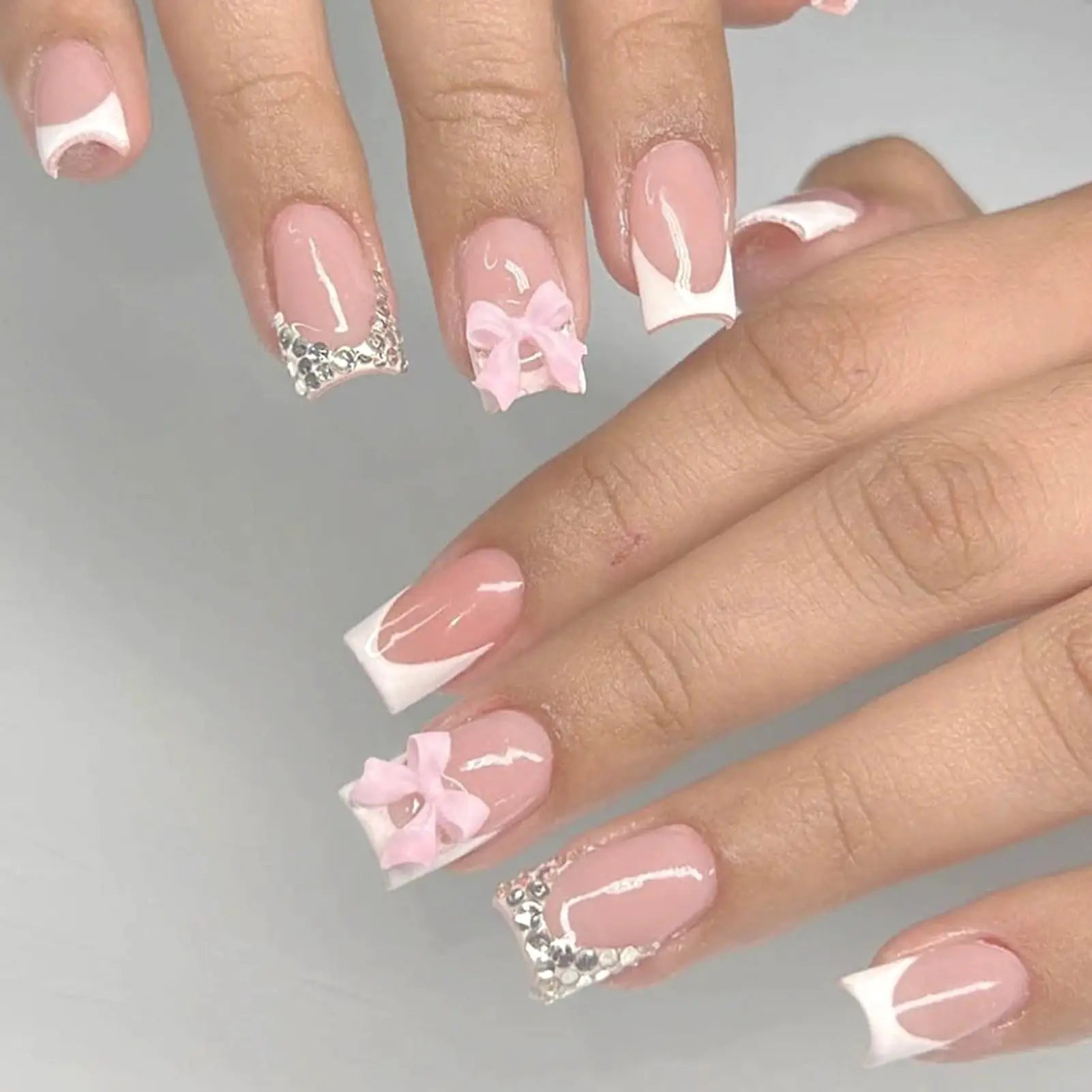 LuxeNail White French Press On Nails 3D Bowknot Full Cover Tips Durable 24Pcs DIY Manicure Set