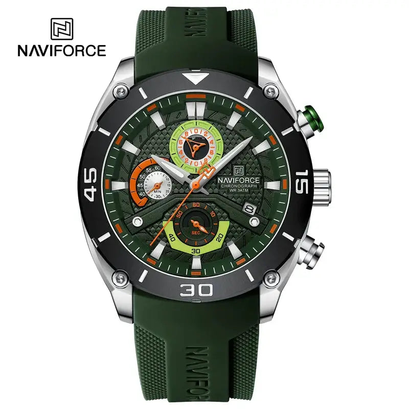 Naviforce sport men's chronograph watch with green dial and green silicone strap, water resistant