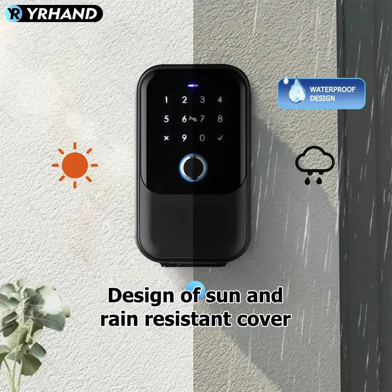 YRHAND TTlock smart lock with fingerprint keypad, IP66 waterproof, black finish