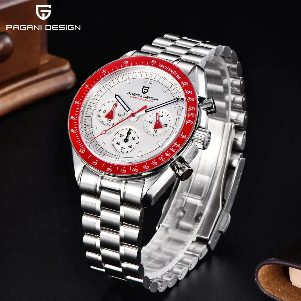 PAGANI DESIGN men's stainless steel retro red chronograph watch with white dial and red bezel