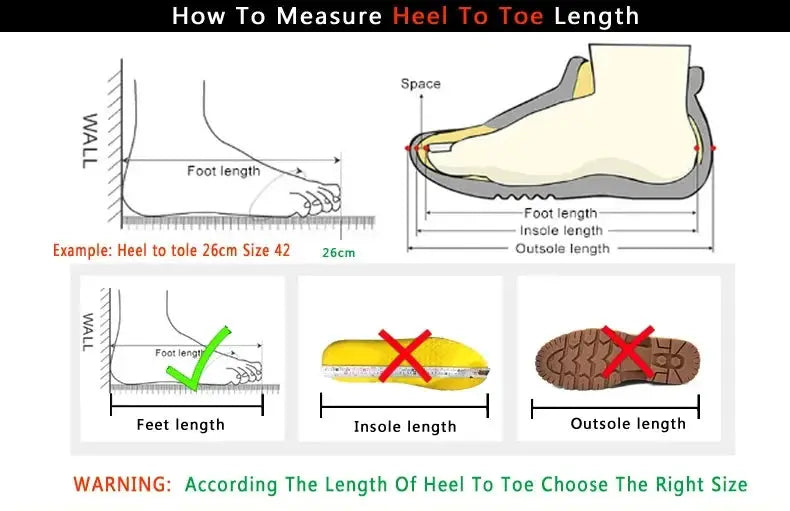 Men's non-slip casual sneakers measurement guide showing heel-to-toe foot length with green check and X marks.