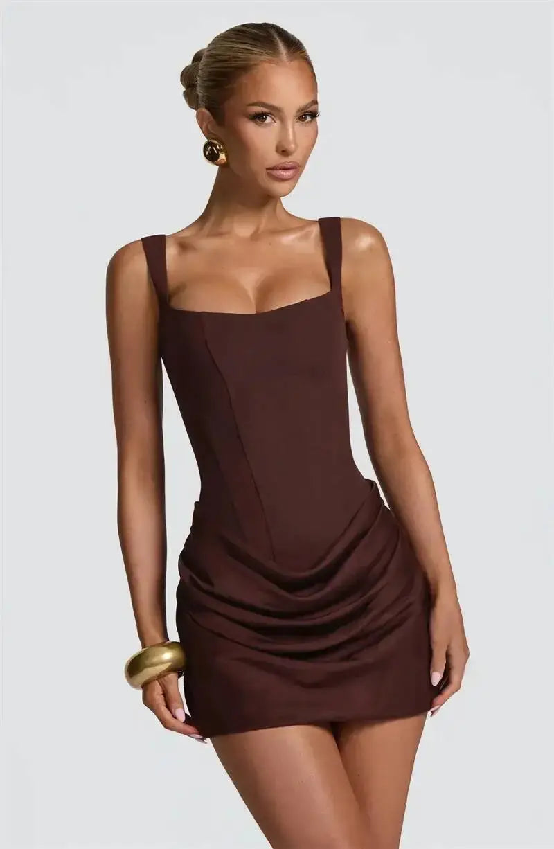 Mozision Backless Ruched Mini Dress With Tapered Straps Square Collar
