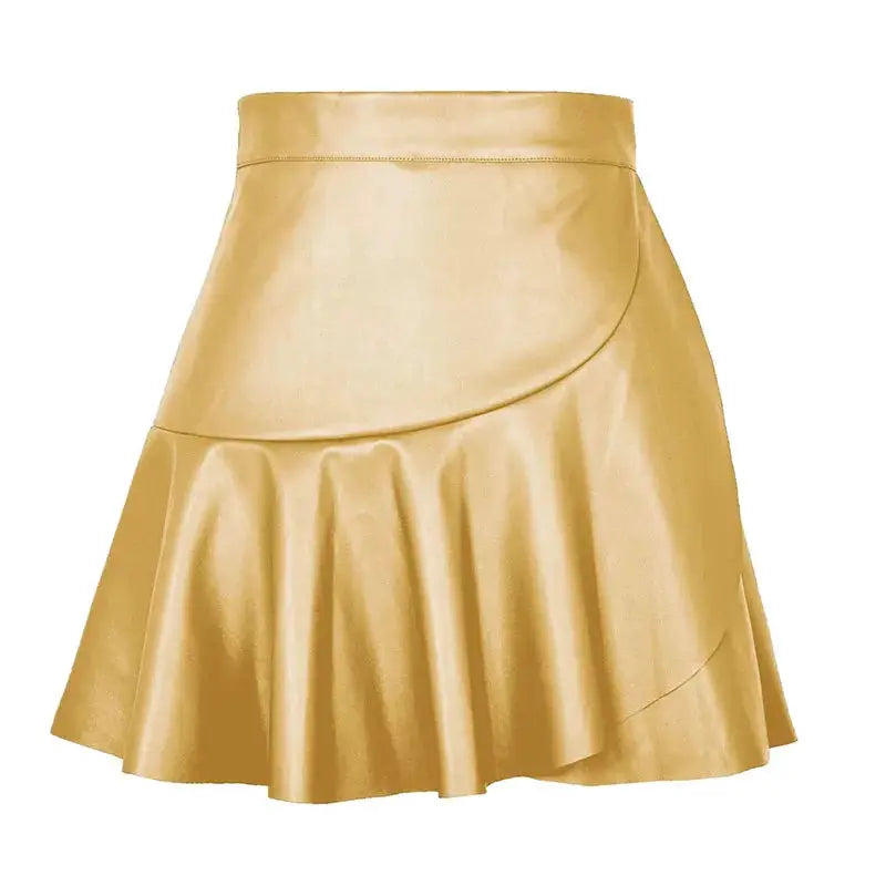 Women's PU leather mini skirt in gold with elastic high waist and ruffled pleats