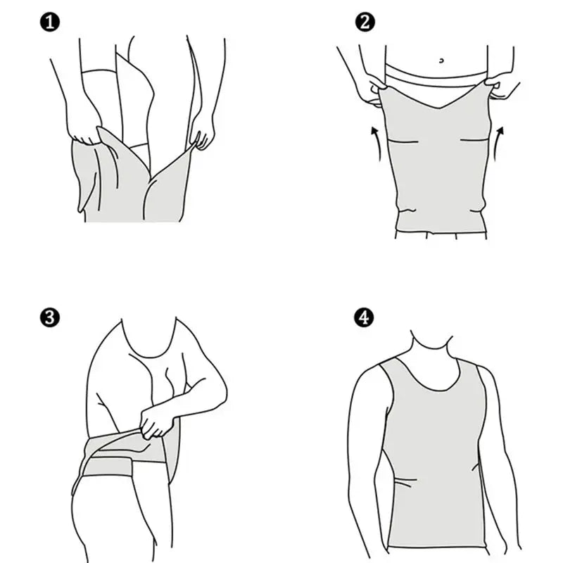 Simples Market men's shapewear slimming body corset vest; gray compression waist cincher with four-step wear guide.