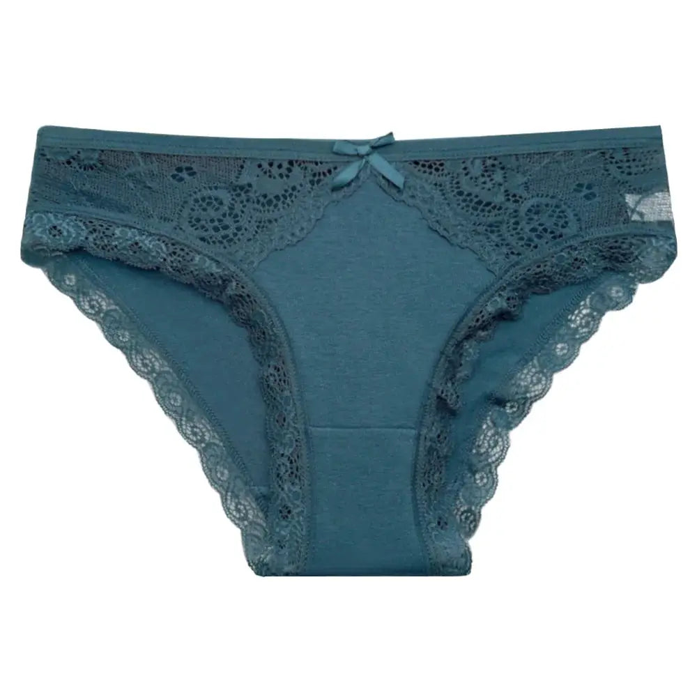 Low-rise teal lace-trimmed cotton panty with bow detail
