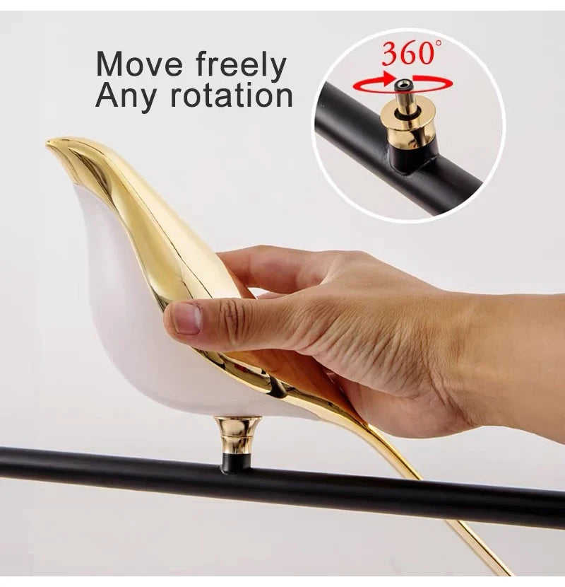 Simples Market Magpie Bird LED wall lamp with white and gold finish, adjustable 360° rotation.