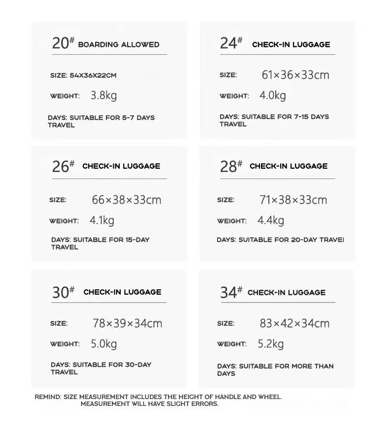 Six-piece luggage set displayed as size cards for 20, 24, 26, 28, 30 and 34.