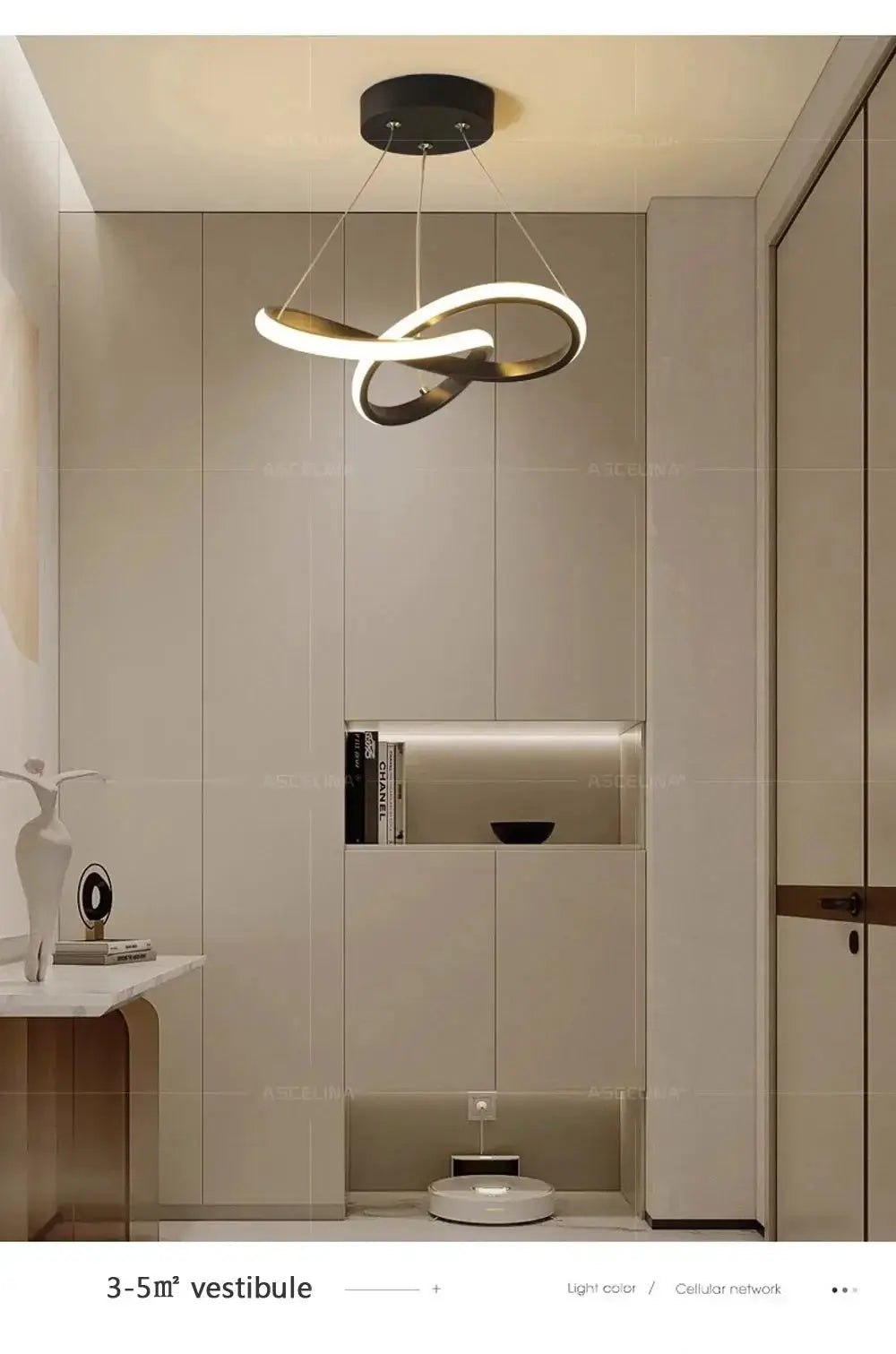 Nordic LED ceiling pendant lamp with interlocking loop design in dark metallic finish for modern living spaces