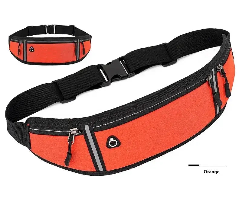 Casual orange waist pack with waterproof fabric, black adjustable strap and multiple zip pockets for running.