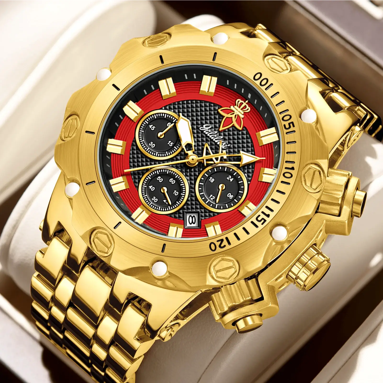 YaLaLuSi men's gold-tone multifunctional watch with gold bracelet, black textured dial and red inner ring in a gift box