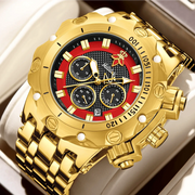 YaLaLuSi men's gold-tone multifunctional watch with gold bracelet, black textured dial and red inner ring in a gift box