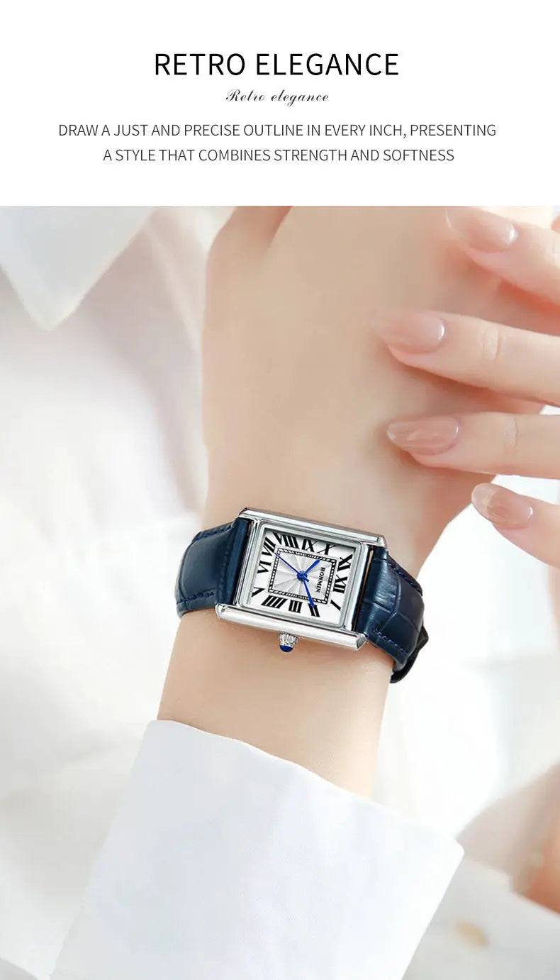 Simples Market rectangular wristwatch with blue leather strap, silver case and Roman numeral dial.