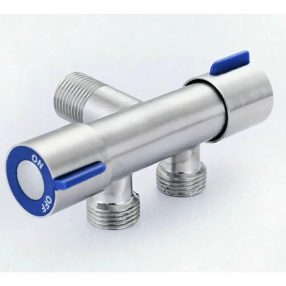 Double-handle stainless steel cold water faucet for bathroom and washing machine with blue handles and dual outlets.