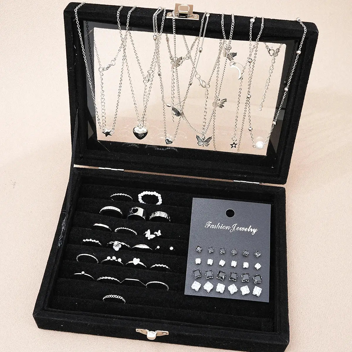 51 Piece Silver Color Chic Jewelry Set For Women With Butterfly Heart Pearl Necklaces Earrings And Rings To Match Outfits