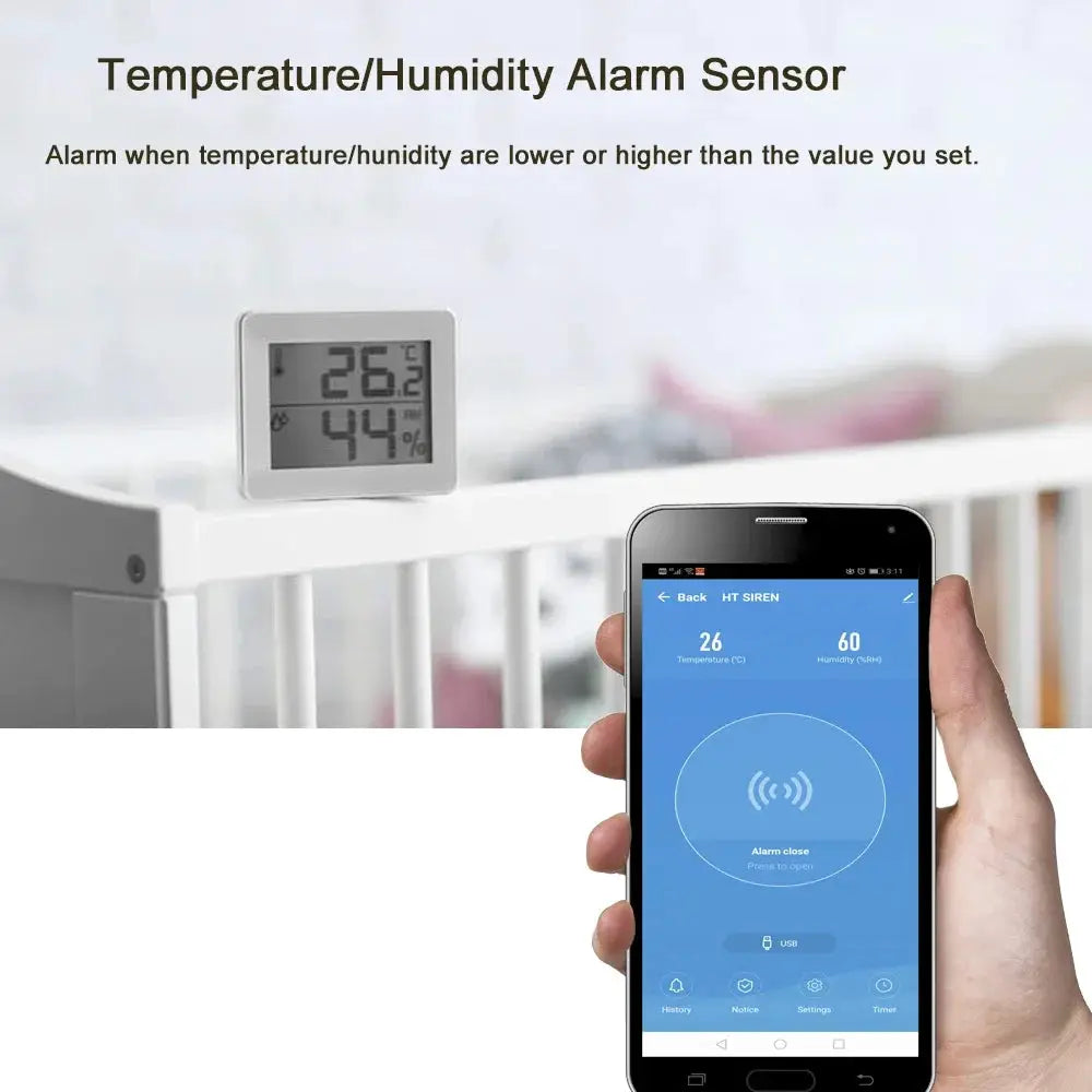 Smart Tuya wifi siren alarm with temperature and humidity sensor; white compact device shown with a smartphone app.