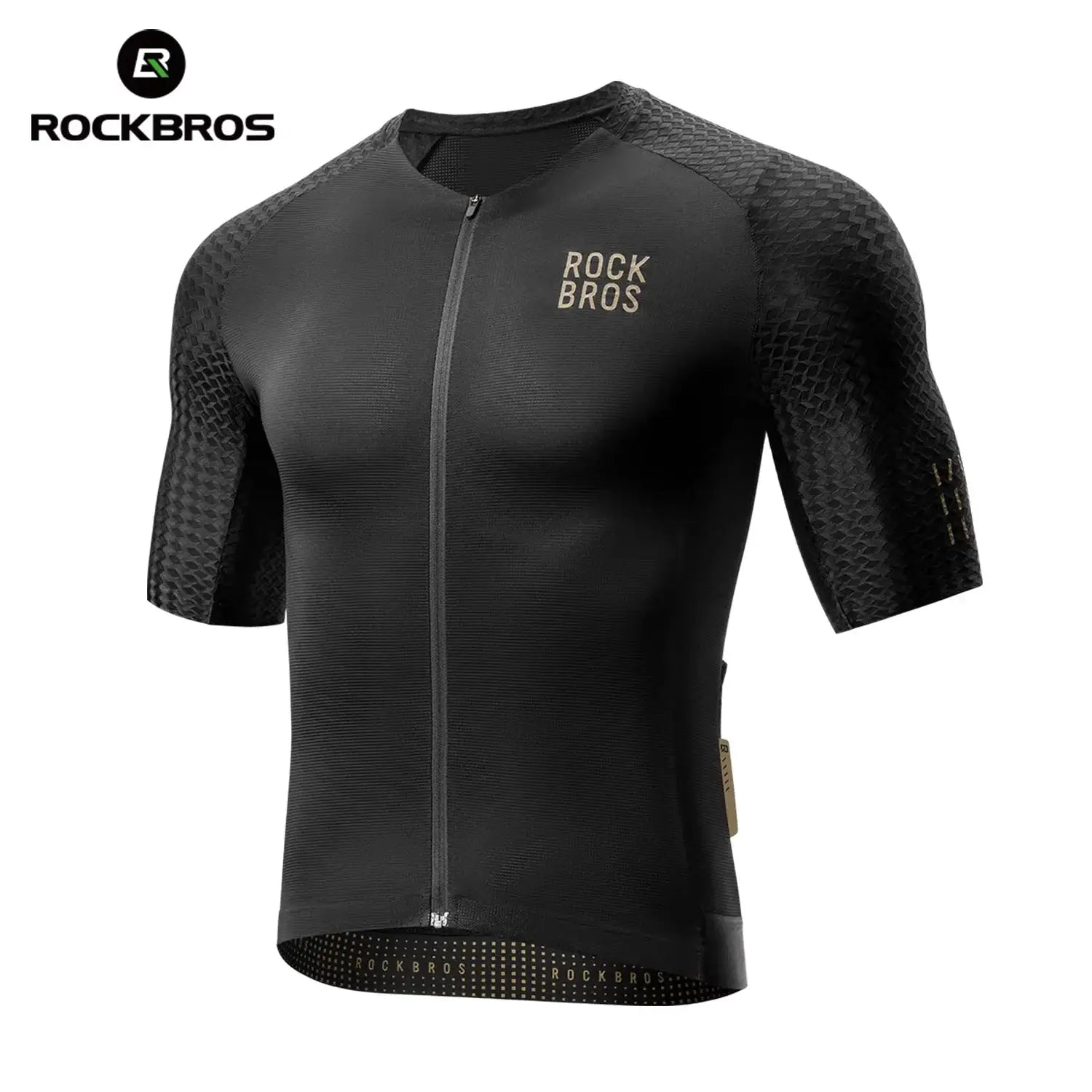 RockBros men's black short-sleeve cycling jersey with full front zipper and breathable mesh sleeves