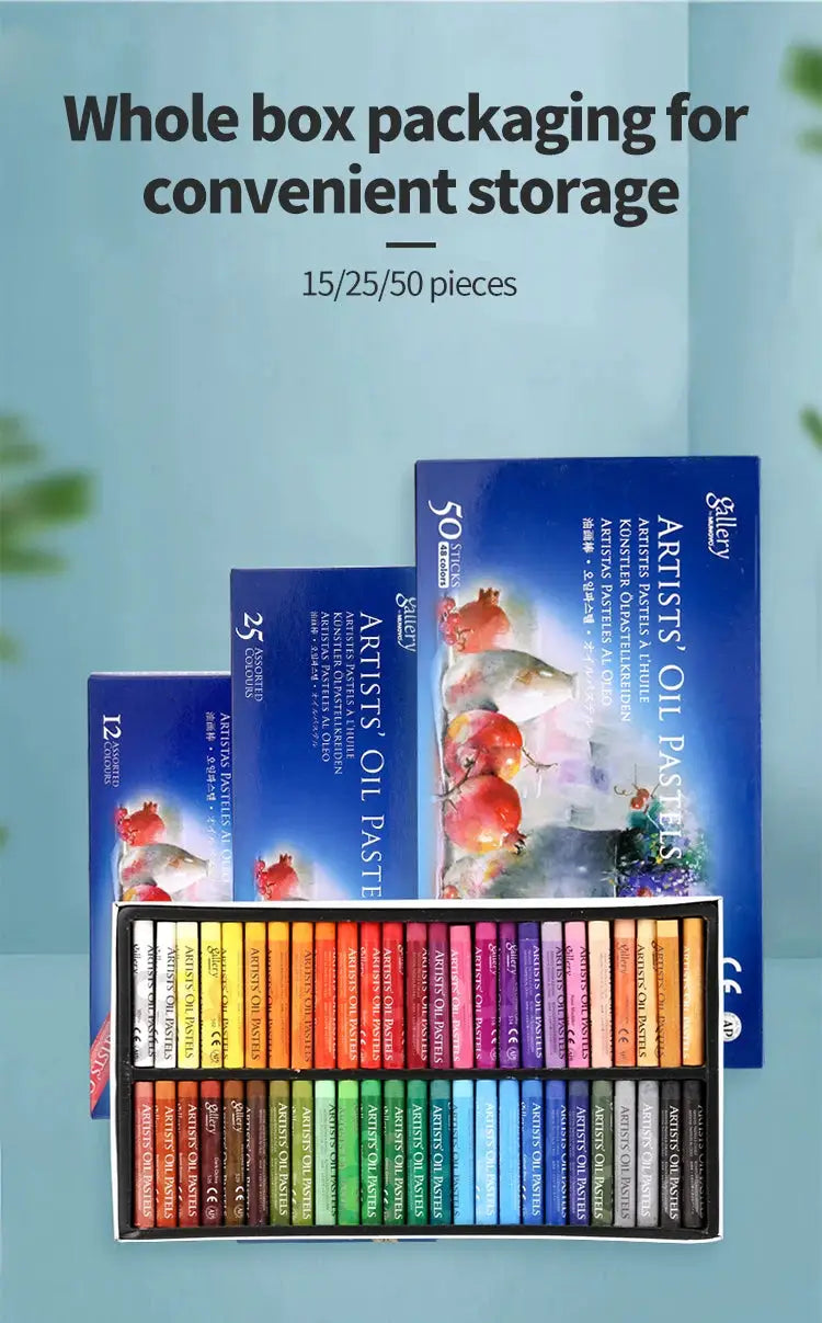 Gallery artists oil pastels set, 50 colors, in a black tray with blue packaging boxes
