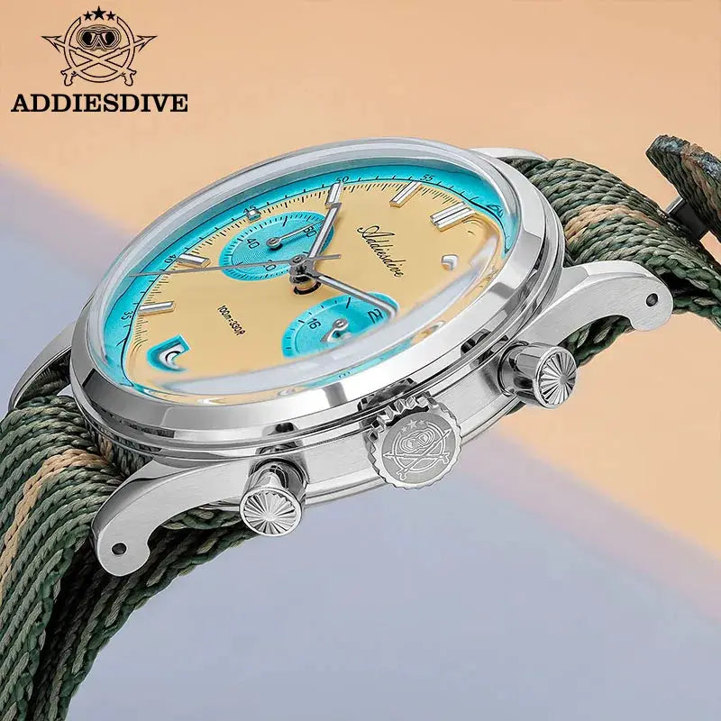 ADDIESDIVE wristwatch with bubble mirror glass, gold dial, blue subdials, stainless steel case, green rope strap