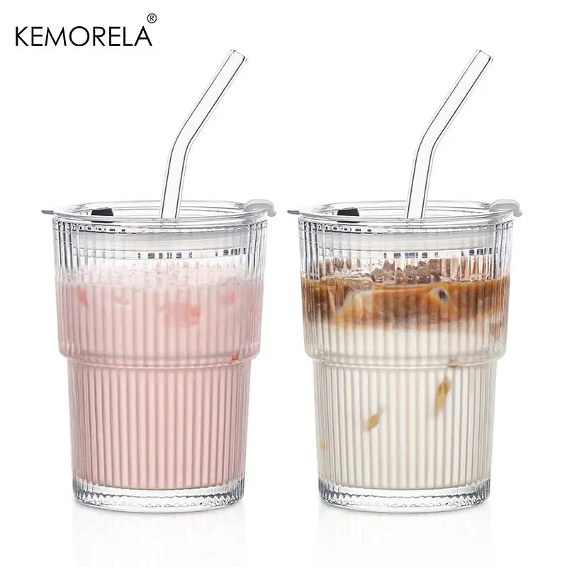 450ml Stripe Glass Cup With Lid And Straw Transparent Drinking Glass For Ice Coffee Tea Juice Milk Water