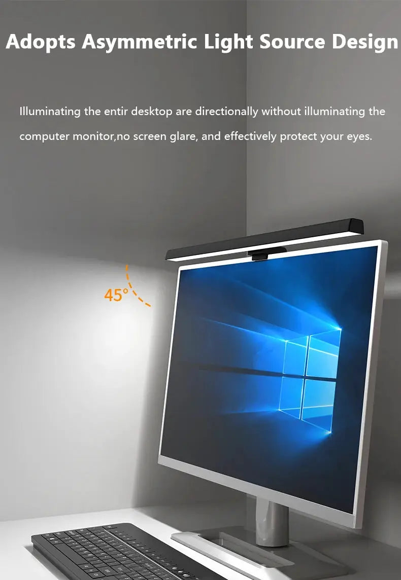 50cm monitor light bar mounted on computer screen; black USB desk lamp with stepless dimming