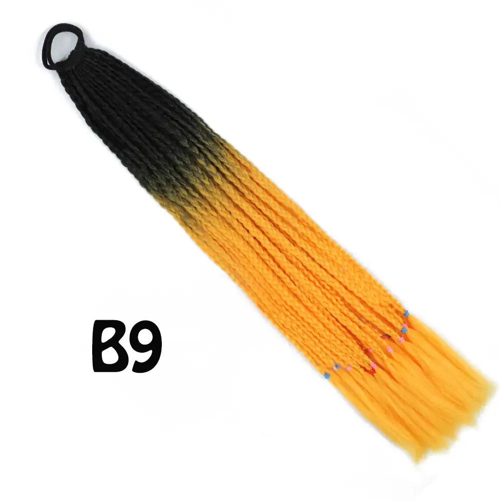 Synthetic gradient braided ponytail extension, black to orange, 24in with elastic band hairpiece